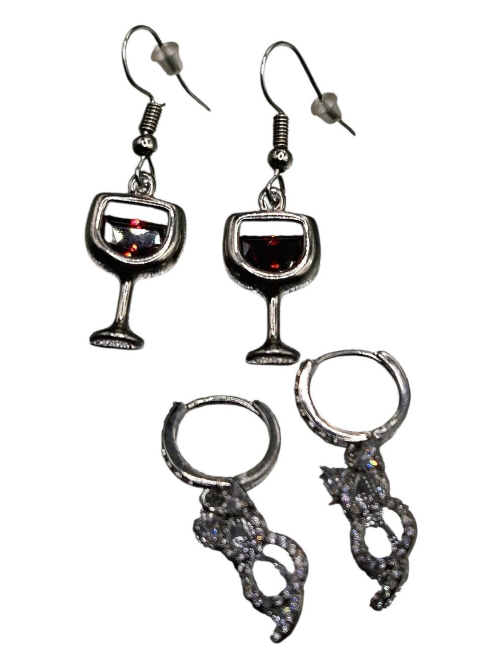 "5/$40" Set Of 2 Pairs Silvertone Dangle Earrings Red Wine Glasses/Kitty Cats